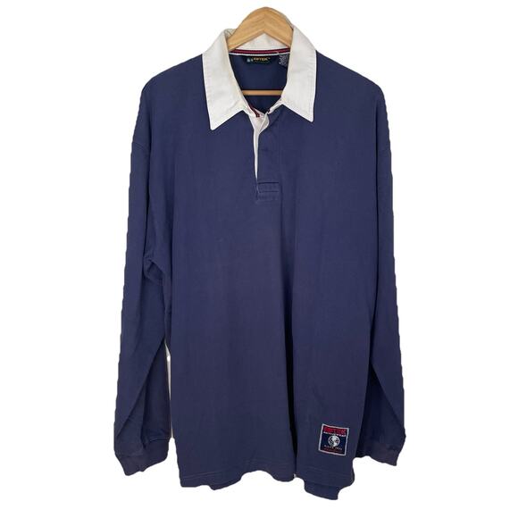VTG 90s Eddie Bauer EBTEK Blue Rugby Polo 1920 Embroidered Ivy League LRG Tall - Picture 1 of 16